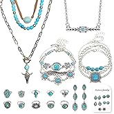 Artfolder 26 PCS Western Jewelry for Women with Layered Boho Necklace, Turquoise Stud Earrings, Bohemian Bracelet and Ring Set, Country Turquoise Cowgirl Jewelry for Women Gift
