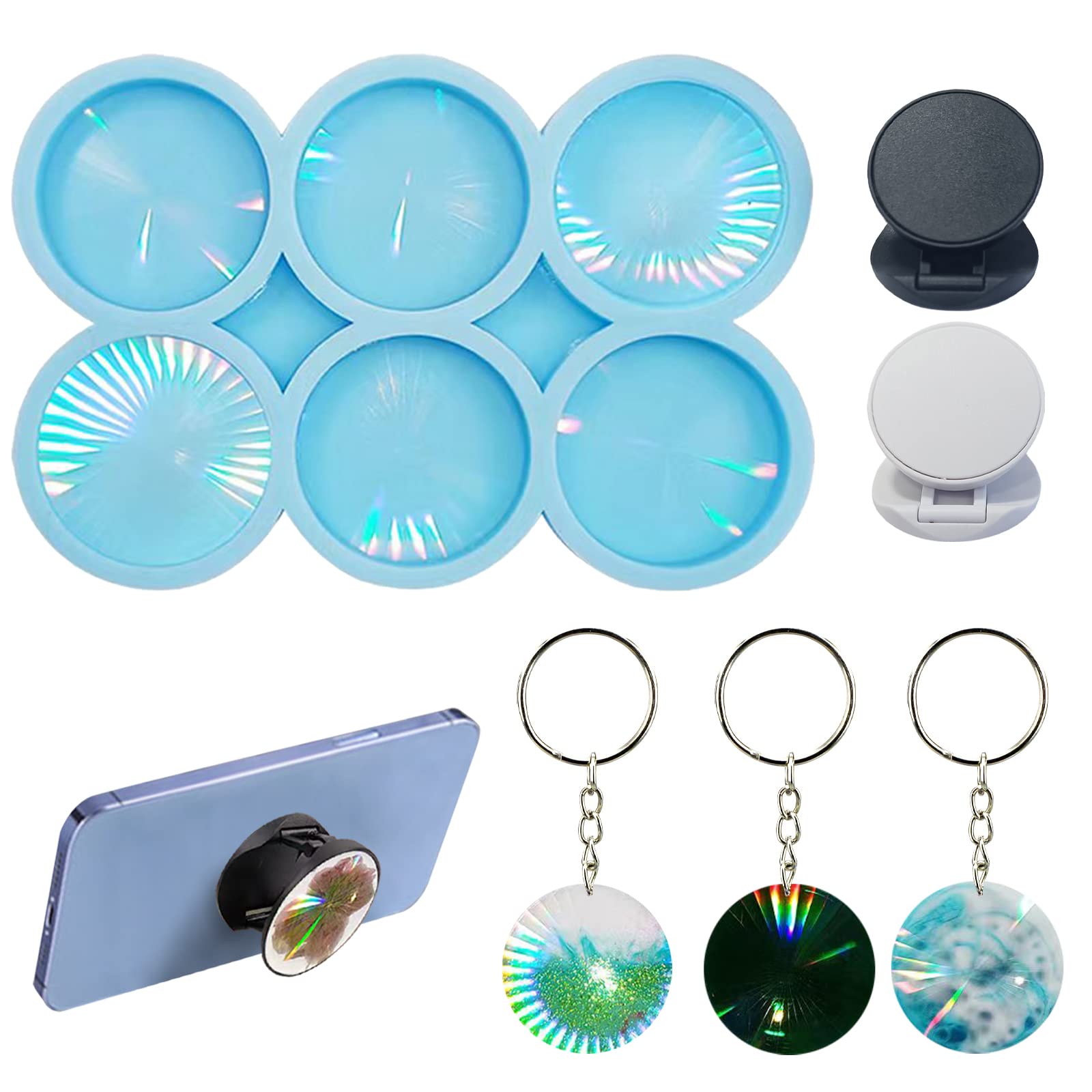 Phone Grip Mold with 6PCS Cellphone Socket Phone Holder Epoxy Resin Molds Holographic Light and Shadow Mold 6 Cavity Circle Casting Molds DIY Silicone Mold for Crafts Brooch Jewelry Making Supplies
