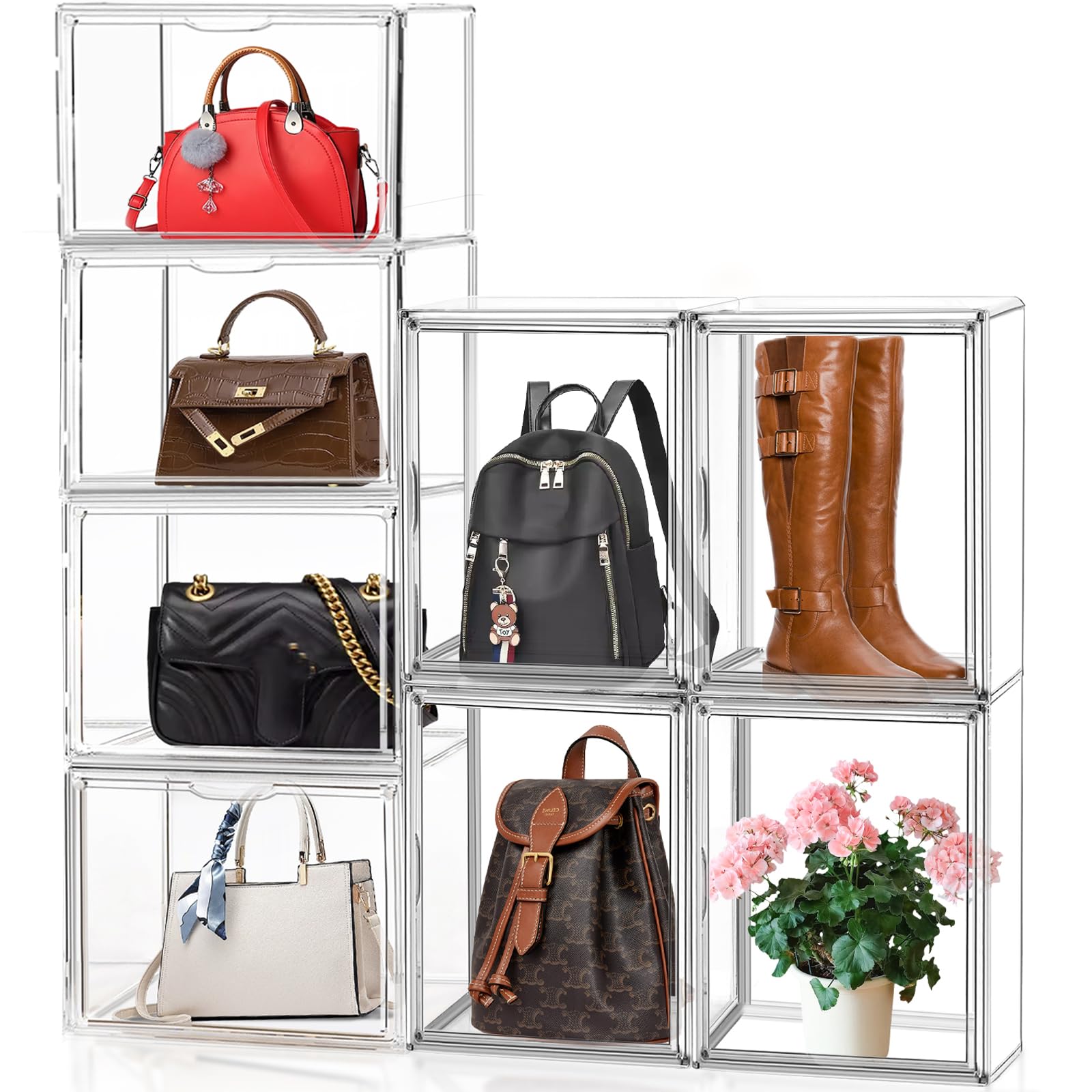 Photo 1 of 10 Pack Purse Organizer for Closet,Clear Acrylic Display Case for Handbag,Plastic Stackable Acrylic Storage Boxes with Lids Clear Bag Organizer Containers for Collectibles,Figures,Shoes,Cosmetic