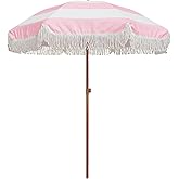AMMSUN 7ft Patio Umbrella with Fringe Outdoor Tassel Umbrella UPF50+ Premium Steel Pole and Ribs Push Button Tilt, Riviera Pink Stripe