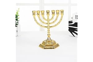 AIM & GGKK Jewish Candle Sticks Menorah 7 Branches - 12 Tribes of Israel Candle Holder for Hanukkah and Kwanzaa, Jerusalem Temple Menorah (5 Inches, Gold)