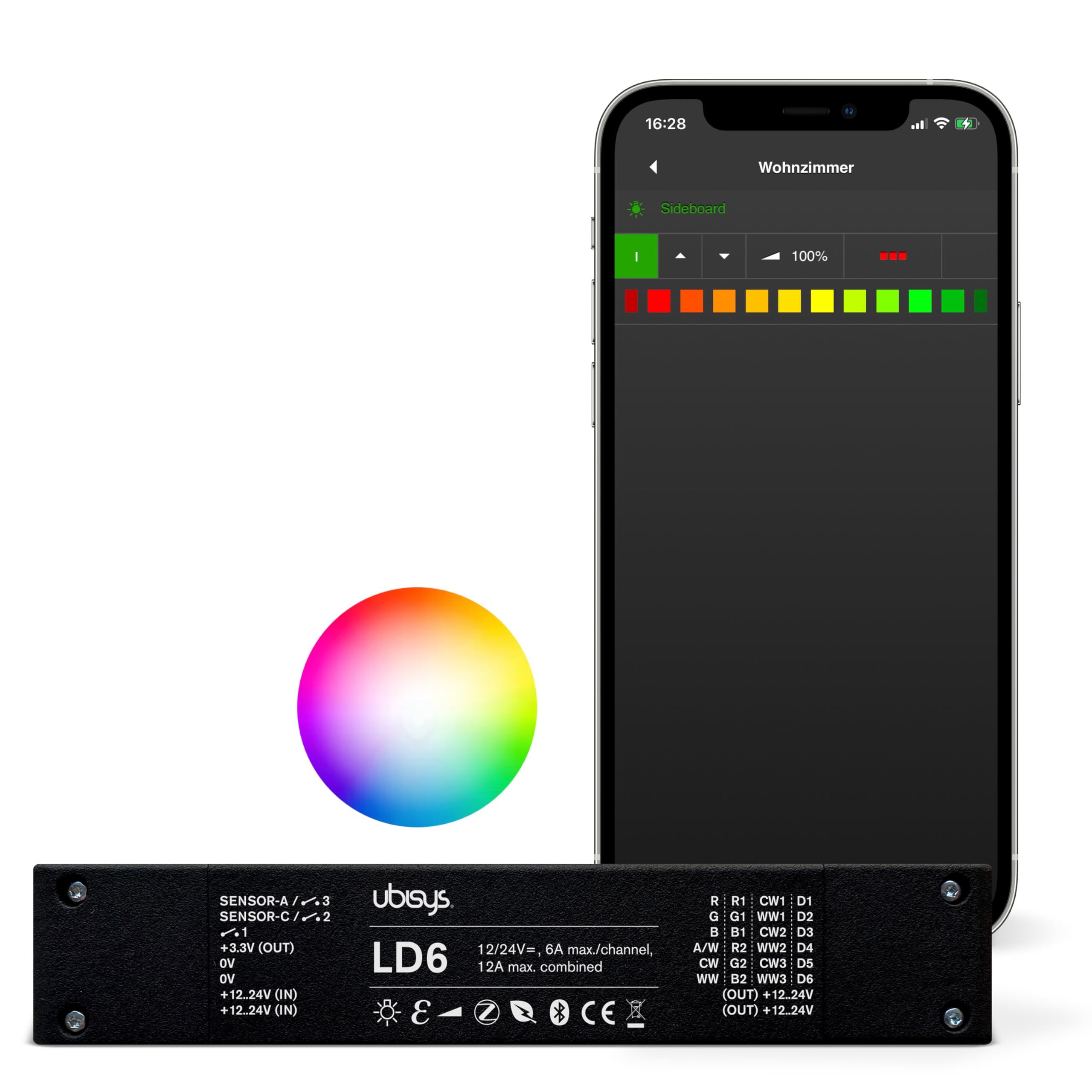 ubisys LED Controller LD6: Zigbee/Bluetooth, 12/24 V, RGBW, Tunable White or Monochrome, up to 6 Lights.