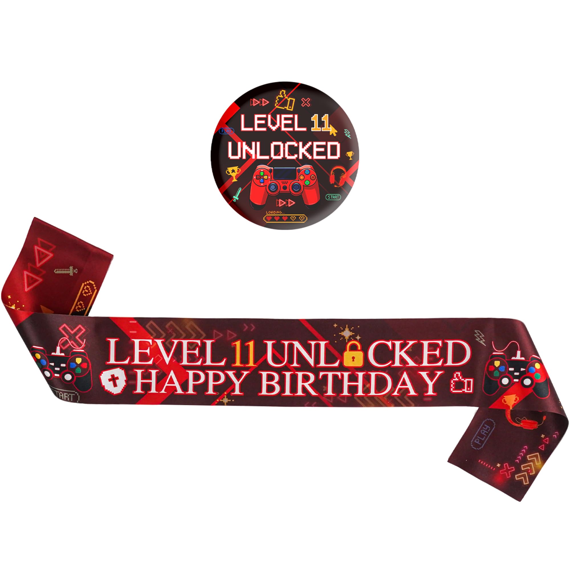Gaming 11th Birthday Decorations Sash - Gamer Level 11 Unlocked Button Badge, Red Happy Birthday Sash for 11 Years Old Birthday Party Supplies