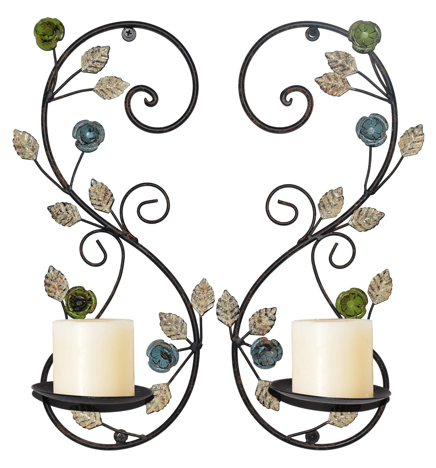 Wall Sconces Candle Holder Set of 2, Antique Black Leaf Branch Wall Mount Hanging Metal Wall Candle Holder Candle Sconce for Living Room Dining Room