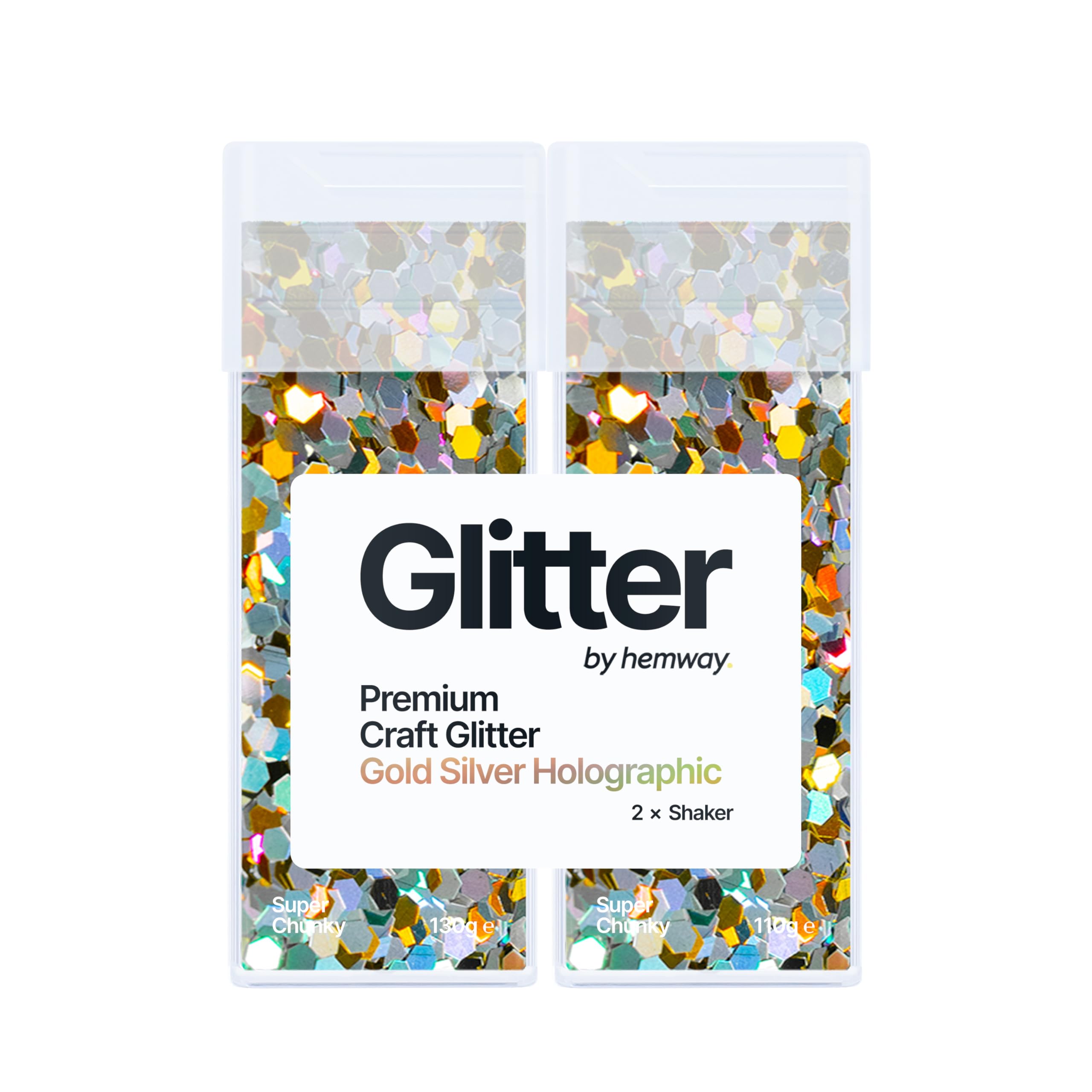 Hemway Glitter Shaker Gold Silver Holographic 110g x2 Pack Super Chunky, Craft Glitter Shakers for Resin & Epoxy Crafts, Christmas Art Supplies, Nail, Body, Face, Festival, Crafting, Slime, Sparkle