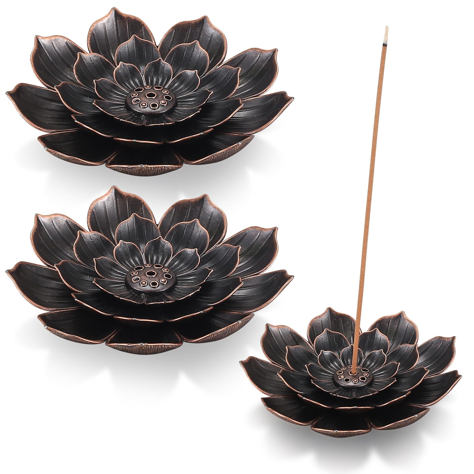 wugongshan 3 Pcs Lotus Incense Holder, Brass Lotus Stick Incense Holder, Detachable 6 Incenses Holes Holder, Cone Burner Ash Catcher Holder, for Office Tea House Home Accessories