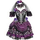 MEOWCOS Women's Gothic Skeleton Print Corset Dress Day of the Dead Halloween Costume with Accessories