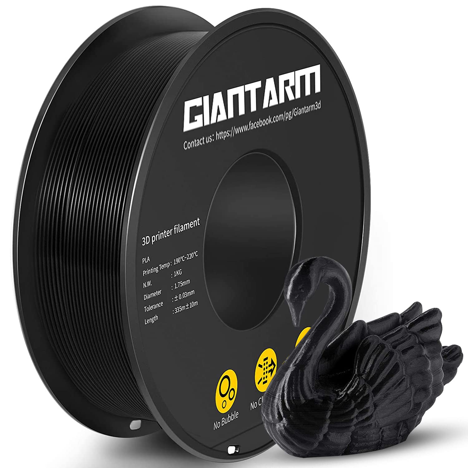 GIANTARM PLA Filament 1.75mm,3D Drucker Filament PLA 1kg,MaBgenauigkeit +/- 0,02mm,3D-Druckmaterialien,PLA Schwarz