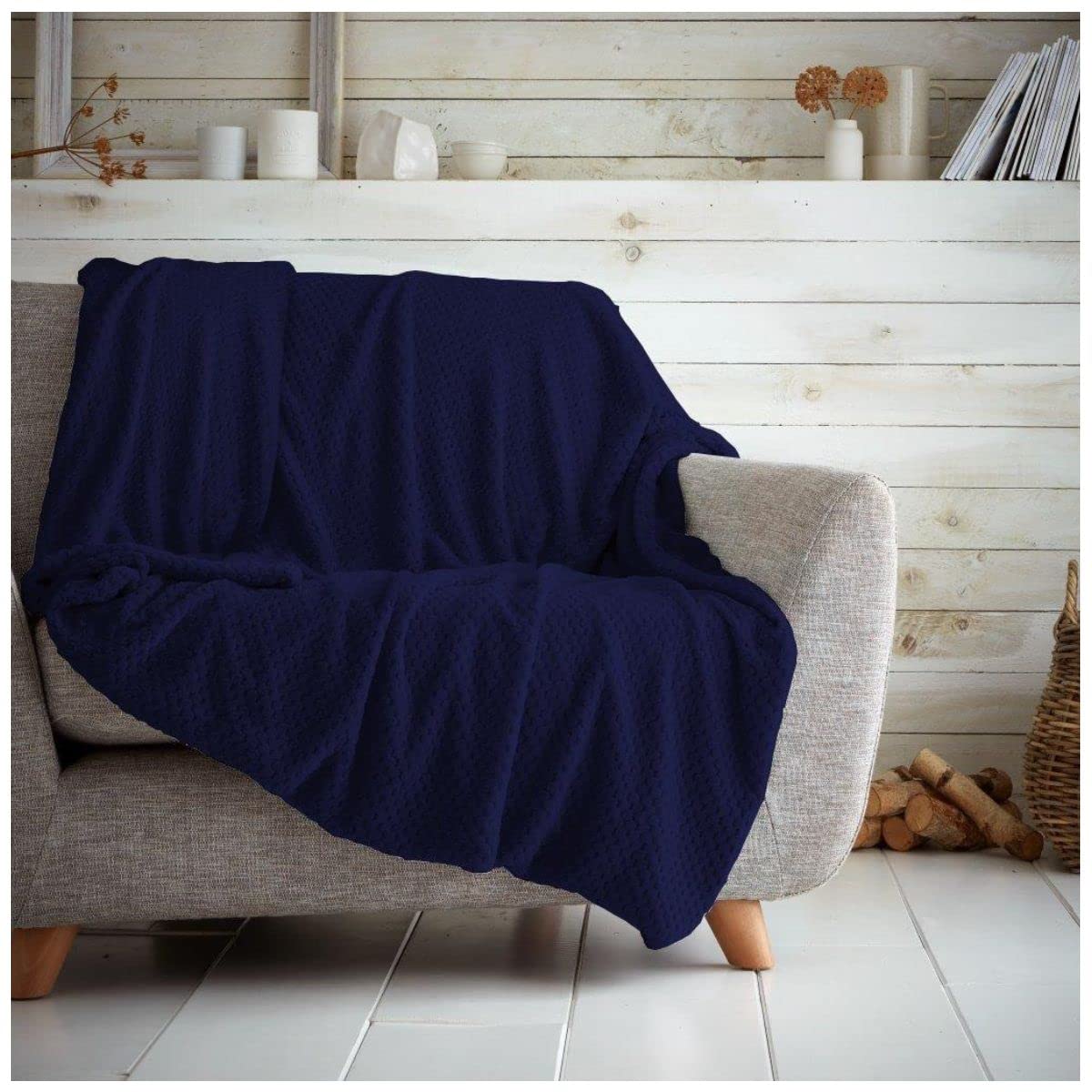 GC GAVENO CAVAILIA Fleece Throw Blanket For Sofa, Warm Fluffy Blankets, Soft Waffle Throws For Bed, Navy, 150X200