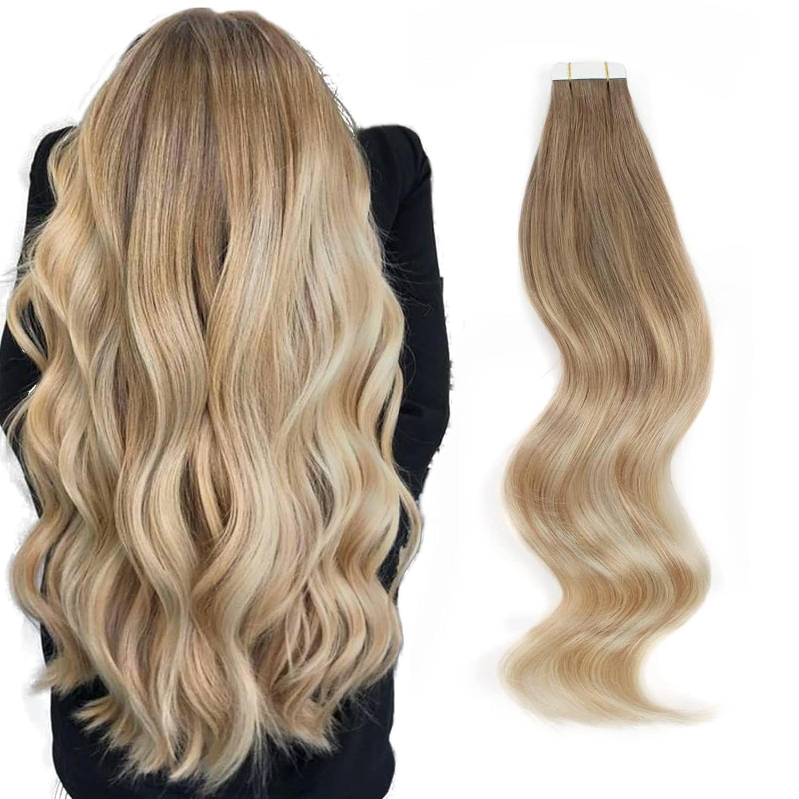 ABH AMAZINGBEAUTY HAIR 20 Pieces Invisible Sun-kissed Balayage Remy Tape in Hair Extensions - Ash Brown Fading into Dirty blonde with Platinum Blonde Highlights B8-18/60 22 Inch — image 1