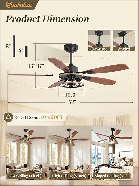 52 INCH FARMHOUSE CEILING FAN WITH LIGHT AND REMOTE, BLACK INDUSTRIAL CAGED FLUSH MOUNT CEILING FANS WITH 6 SPEED REVERSIBLE MOTOR AND DUAL FINISH 5 BLADES, RUSTIC CEILING FAN FOR LIVING ROOM, BEDROOM