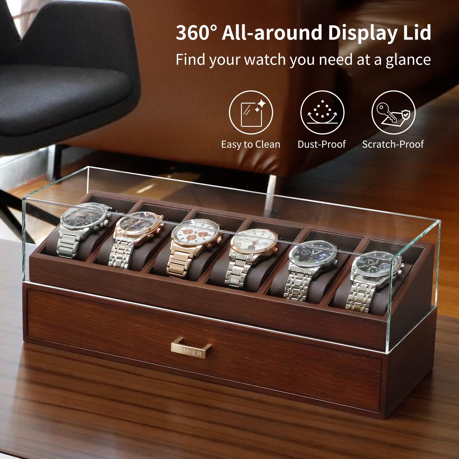KAMIER High End Wooden Watch Box with 6 Slots & Glass Lid - 2-Layer Jewelry Organizer for Men - Watch Display Case, Ideal Business Gift for Watch Enthusiasts （with Gift Box）, Walnut