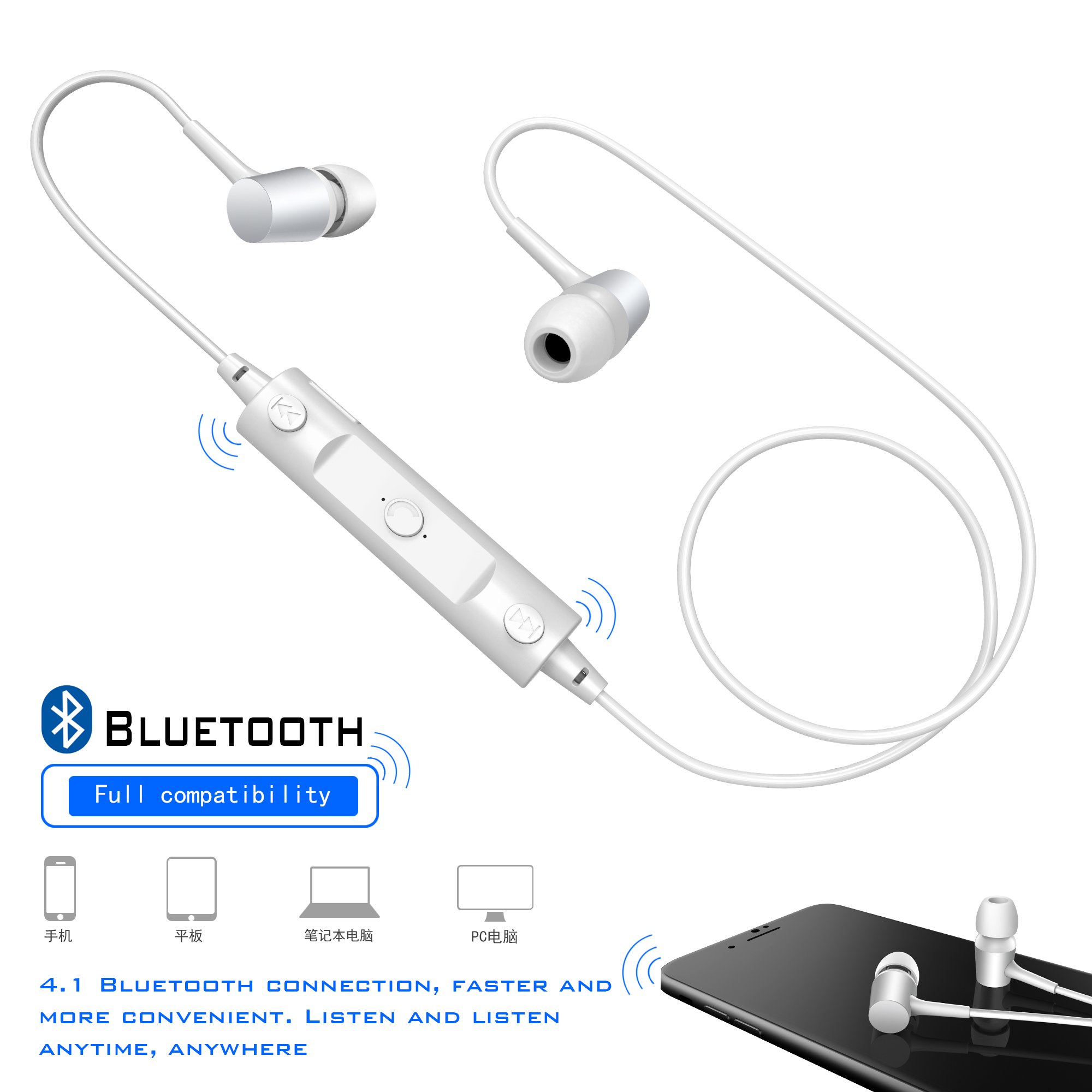 Bluetooth Headphones Sweatproof Sports Earphones Wireless Headset Magnetic attraction Earbuds for Running Workout Gym Noise Cancelling White