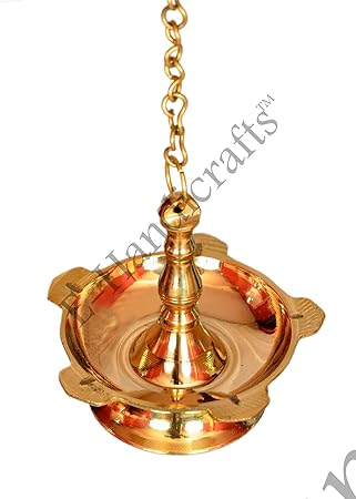 E-Handicrafts Brass Hanging Diya with Chain (Gold_10 x 10 cm)