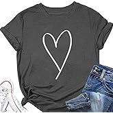 Sunidol Womens Summer Short Sleeve Heart Graphic Tees Crewneck Casual Pullover Cotton Soft Loose Valentines Shirt