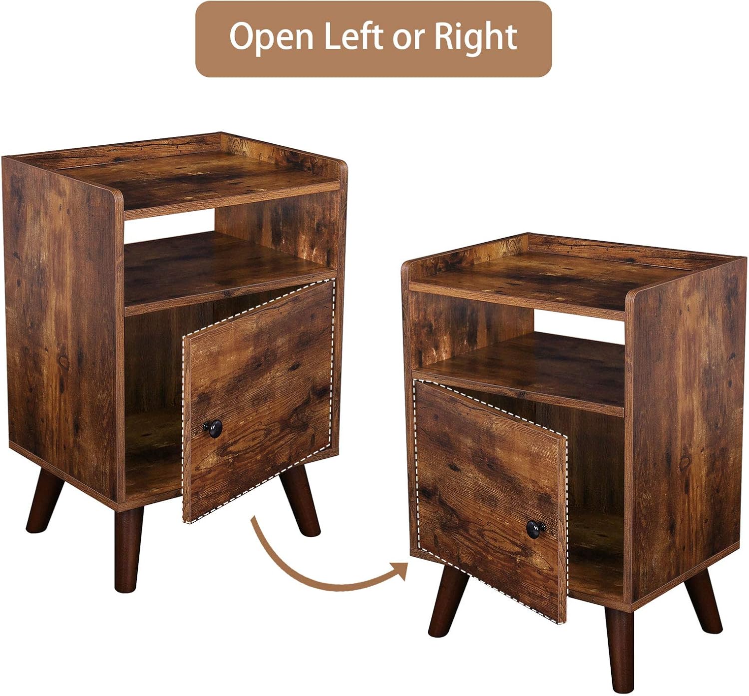 HOOBRO Nightstand Set of 2, 3-Tier End Table with Switchable Door, Side Table for Small Spaces, Stable Wooden Legs, Wood Look Accent Table, Easy Assembly, Rustic Brown BF51BZP201: Home & Kitchen