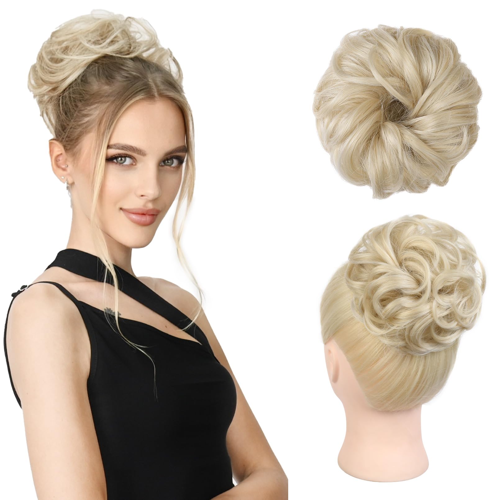 REECHO Messy Bun Hair Piece - Thick Synthetic Ponytail Extensions, Updo Elastic Hair Bun Donut - Light Blonde