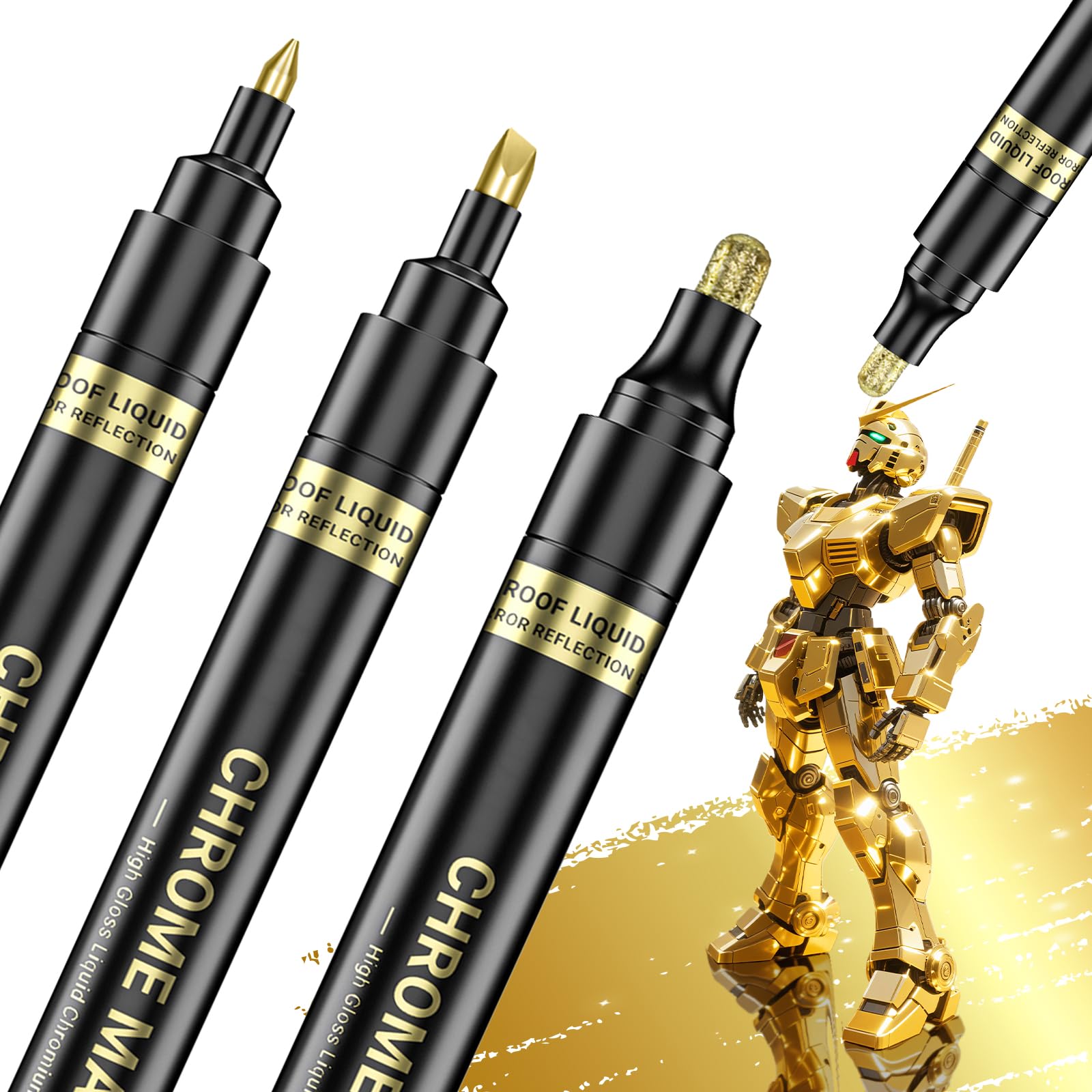 Photo 1 of San Jeirie 3Pcs Gold Liquid Mirror Chrome Markers, Permanent Reflective Metallic Gold Paint Pen, High Gloss Car DIY Model Painting, Touch Up Repair Kit for Plastic Metal Glass Fabric Ceremic Resins