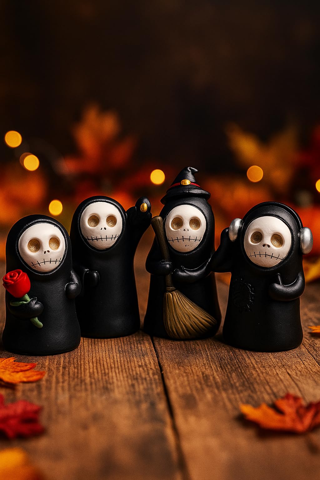 Photo 1 of khevga Mini Grim Reaper Figurines Set of 4 – Small Gothic Bookshelf & Halloween Decor – Cute Resin Figures for Tabletop Displays, Collectors & Gift Giving