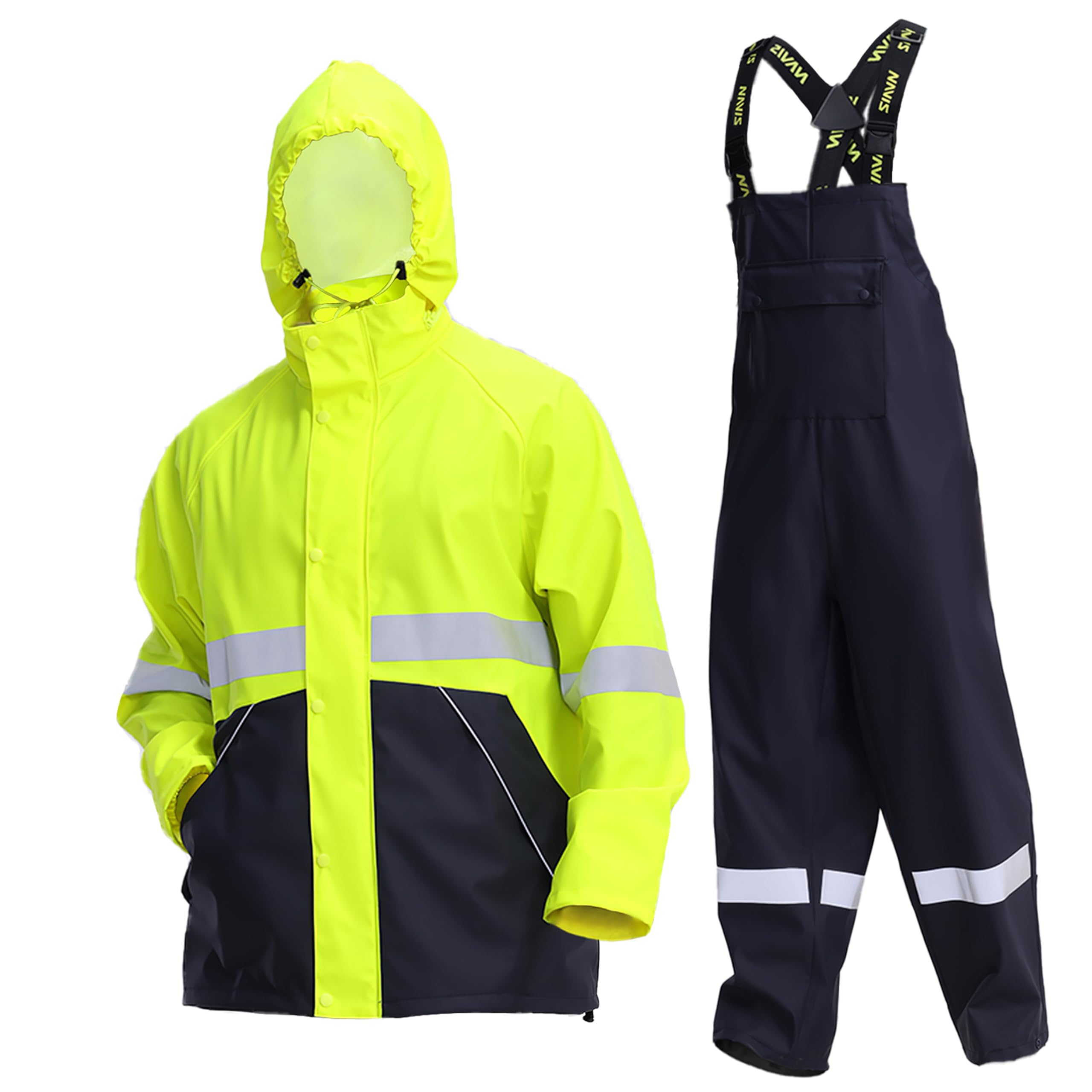 Photo 1 of NAVIS MARINE Men's Rain Suits PU Workwear Weatherproof Rain Gear Jacket BIB Pants Heavy Duty Rainwear (FL Yellow,Medium)