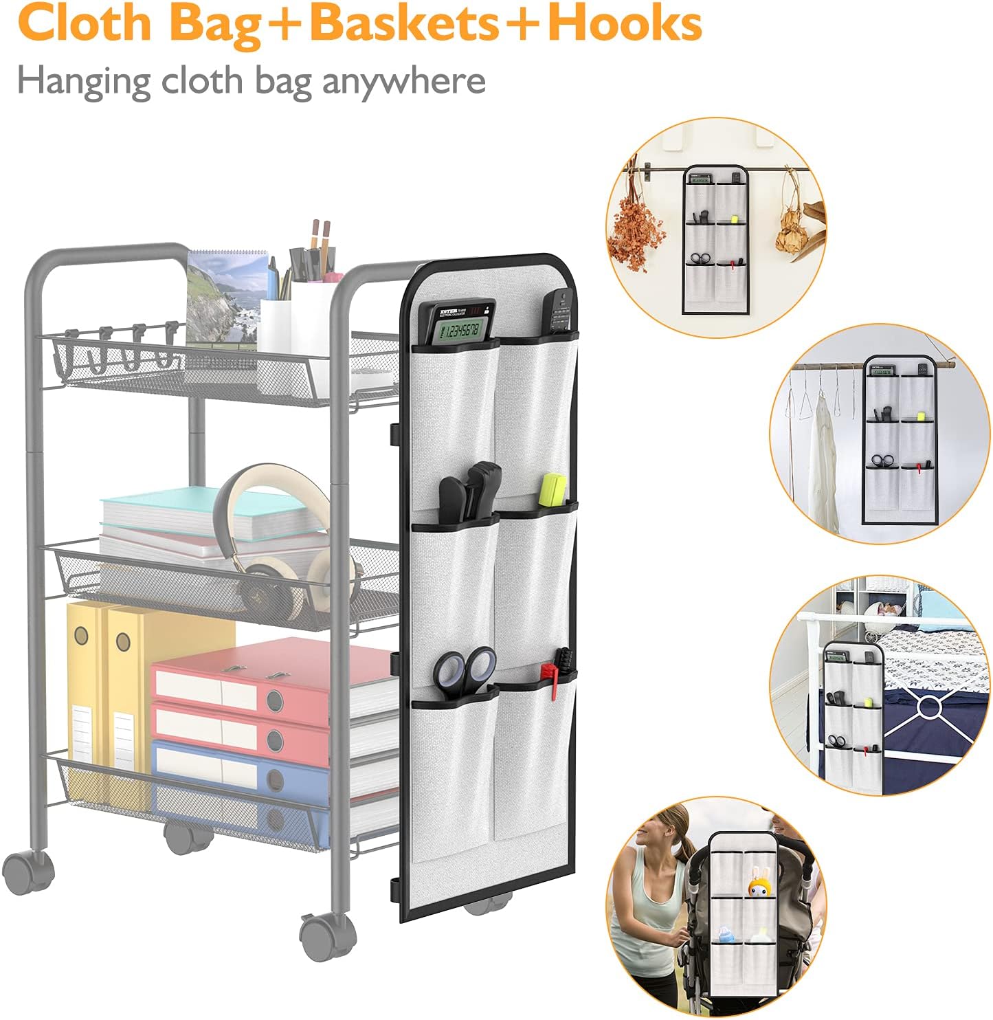 Utility Cart, YASONIC 3-Tier Rolling Cart with Storage Bag, Multifunction Metal Mesh Wire Organizer Trolley with 2 Lockable Wheels for Office Kitchen Bedroom Bathroom (Black): Kitchen & Dining