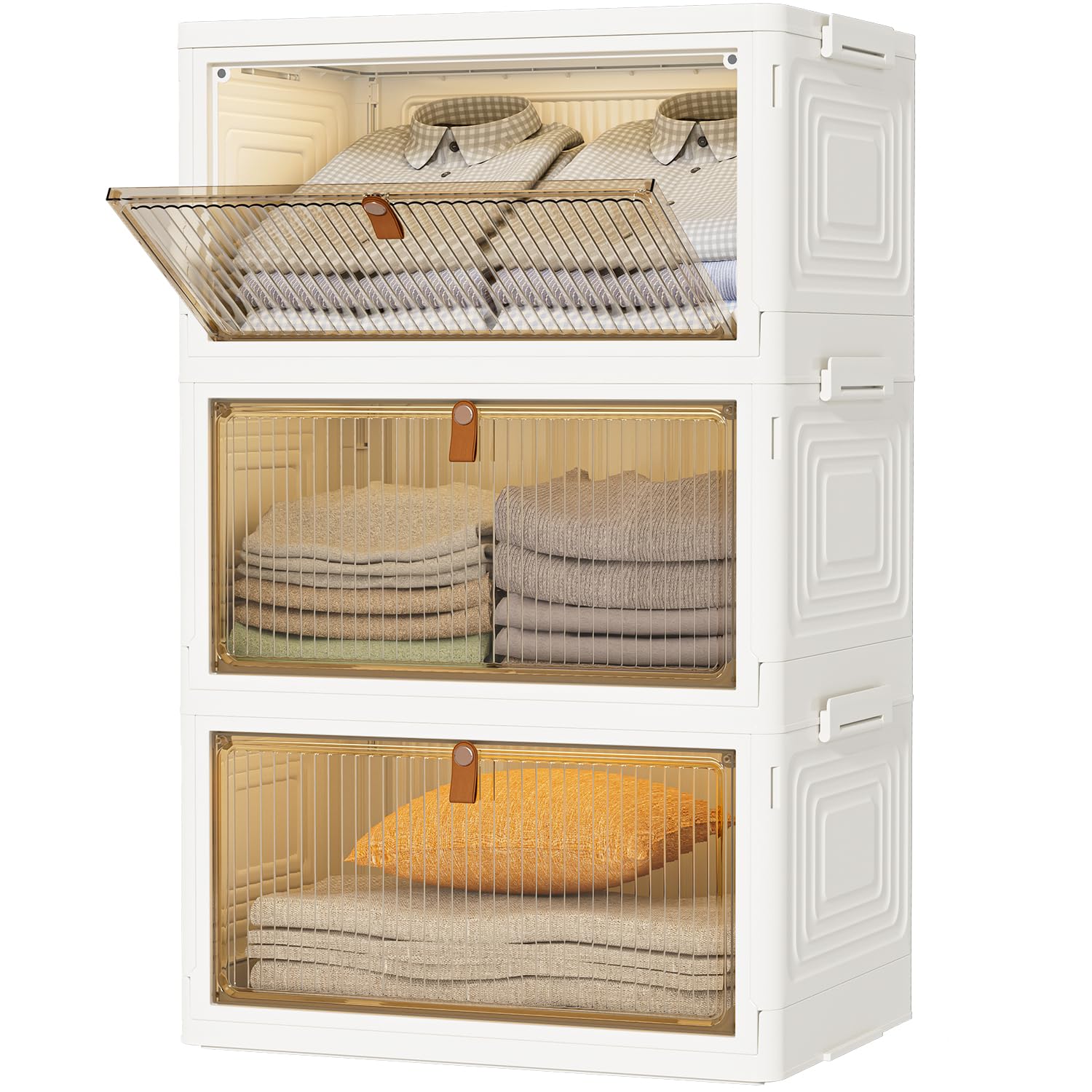 Photo 1 of DUNDUNJOY Closet Organizers and Storage 93Qt 3 Pack Closet Organizer Boxes for Clothes Stackable Storage Bins Foldable Storage Box for Clothes/Office Supplies/Snacks(31Qt X 3)