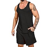 FASIMAN Mens Waffle Shorts Sets 2 Piece Outfits Sleeveless Summer Beach Tank Tops and Shorts Casual Loungewear Sets Suits