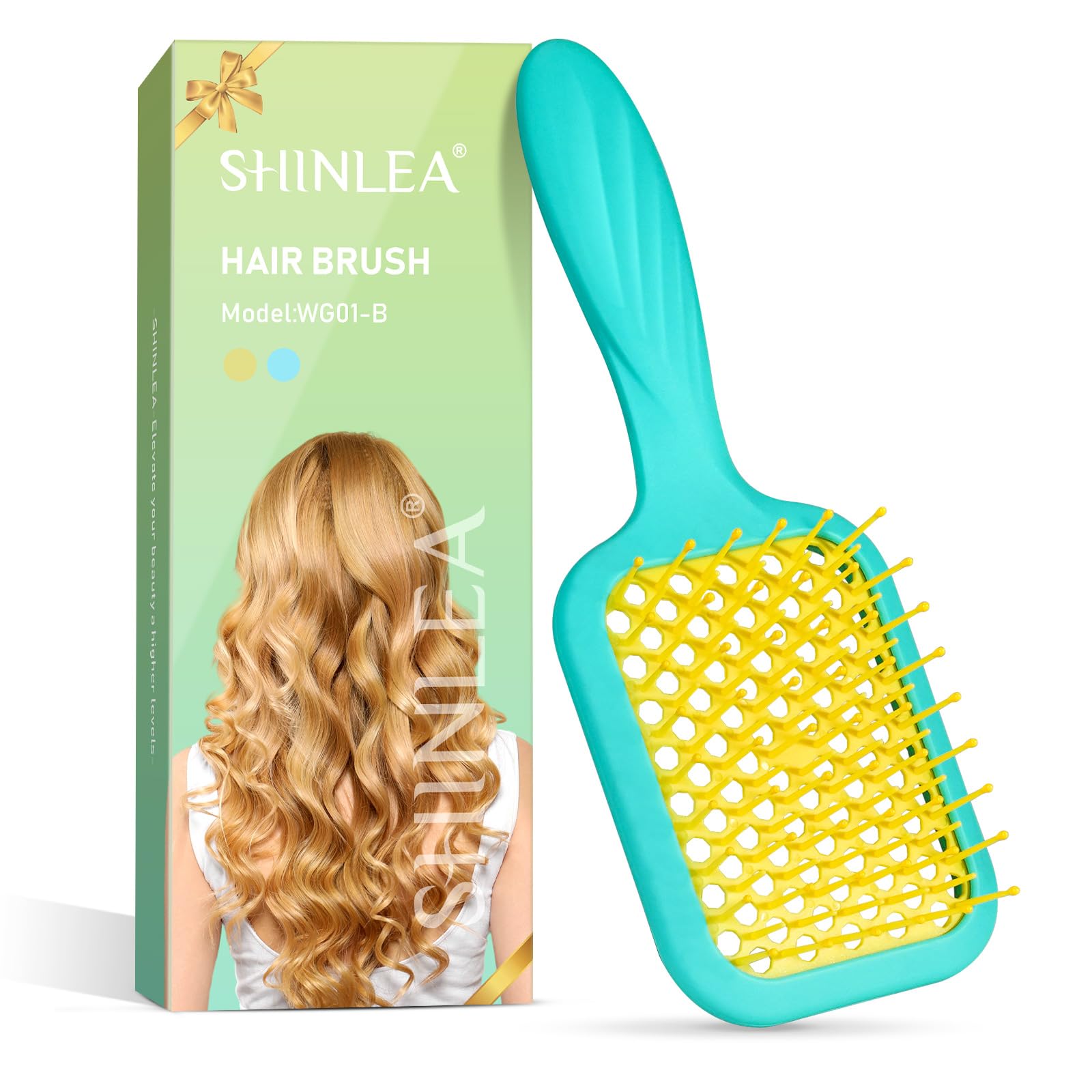Hair Brush, SHINLEA Detangling Hair Brush for Curly Hair, Speed Dry Vented Paddle Brush for Wet Dry Hair, Reduces Breakage, Eliminates Knots, Hair Extension Brush for Women, Men, Kid (Blue Yellow)
