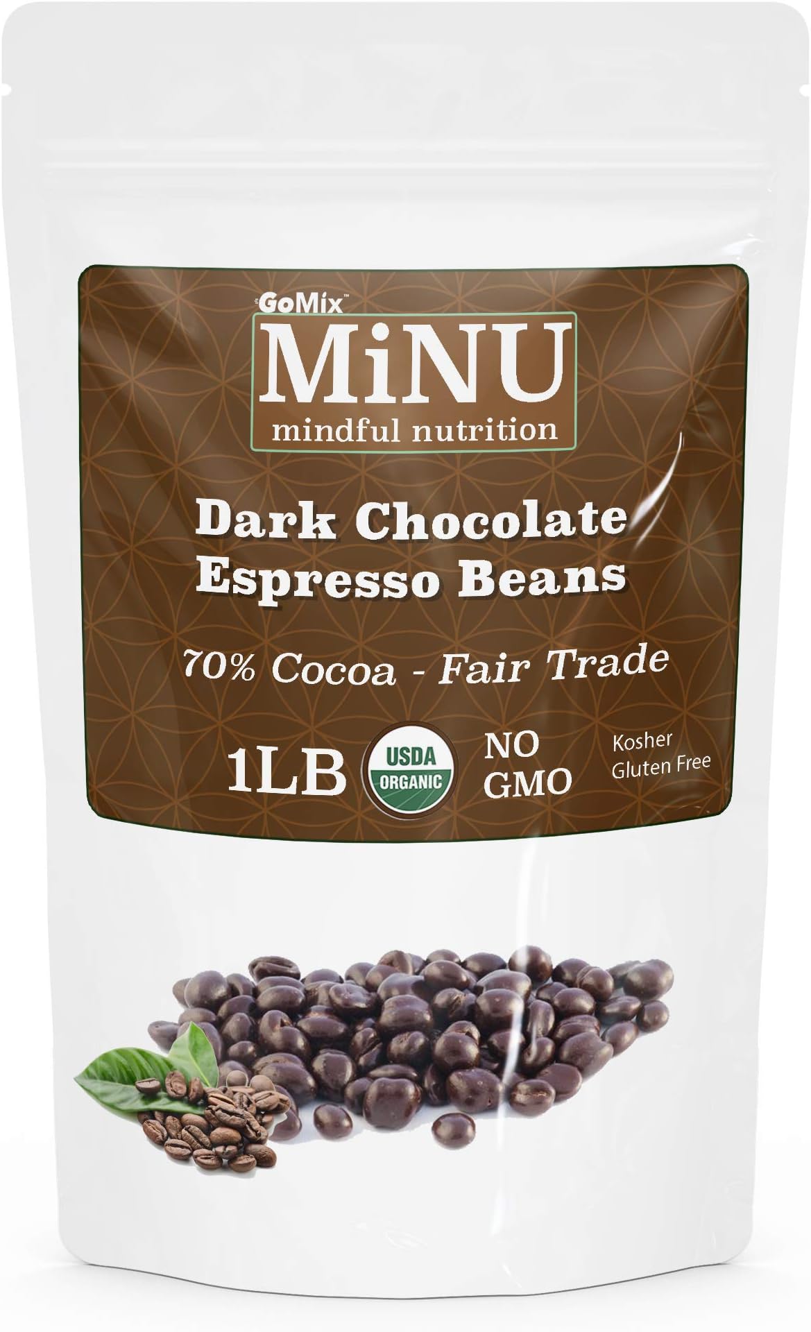 MiNU Organic Dark Chocolate Espresso Coffee Beans 16 oz (1 lb), MiNU Mindful Nutrition GoMix Superfood NonGMO organic fair-trade 70% cocoa dark chocolate, dipped in-house