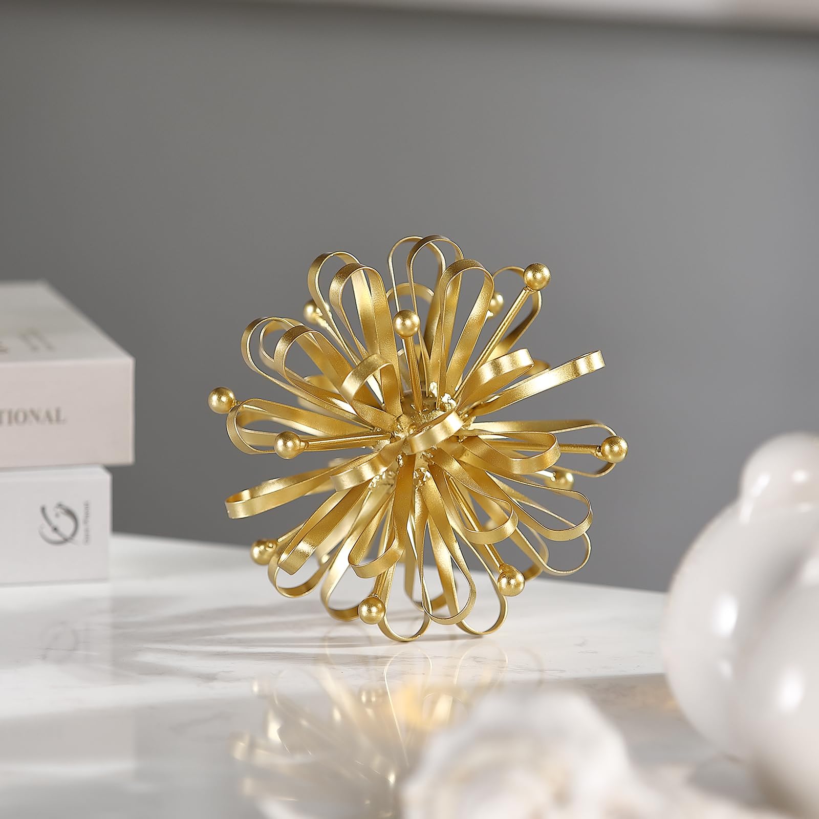 Photo 1 of Retrome 6.7" Decorative Metal Starburst Tabletop Shelf Sculpture Accent, Gold Modern Table Decor, Looped Ribbon & Beads Edges Detailed