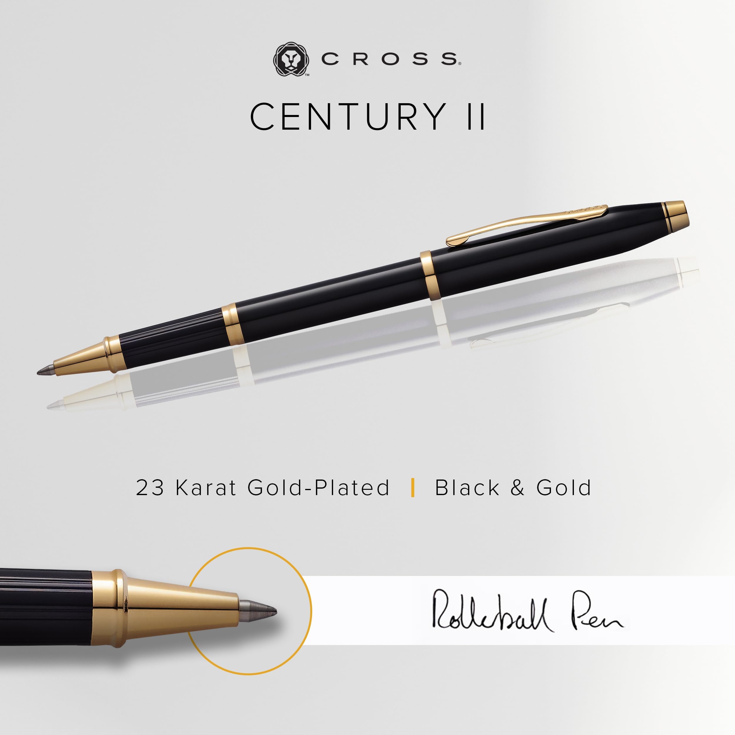 Cross Century II Refillable Rollerball Pen Presented in a Luxury Gift Box - Medium Point, Black Ink, Black & Gold