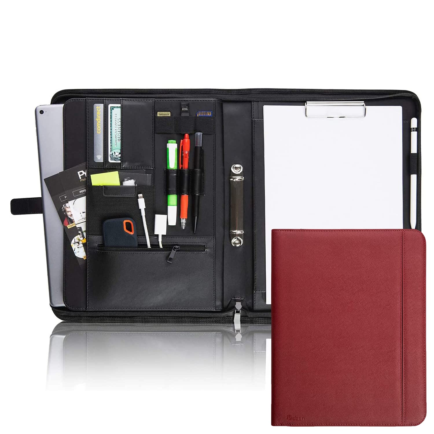 Vebon® Writing Case Ring Binder A4 "Paris" I Zip + Clipboard I Document Folder + Laptop Bag I Extra Storage Space I Faux Leather, cherry red