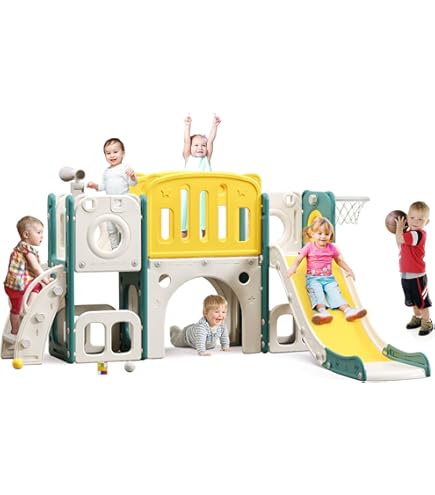 Tobogán Infantil 5 En 1 KORIMEFA Con Canasta De Baloncesto, Escalador, Telescopio Y Almacenamiento, Para Niños A Partir De 1 Año, Interior Y Exterior (Azul)