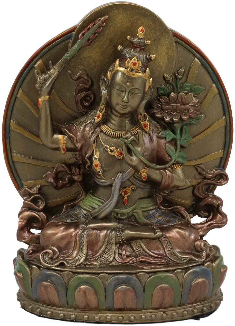Ebros Bronze Patina Buddha Bodhisattva Manjushri Sitting On Lotus Throne Statue 6.25" Tall Eastern Enlightenment Guardian of Wisdom Knowledge & Sacred Doctrine Figurine Feng Shui Altar Sculpture