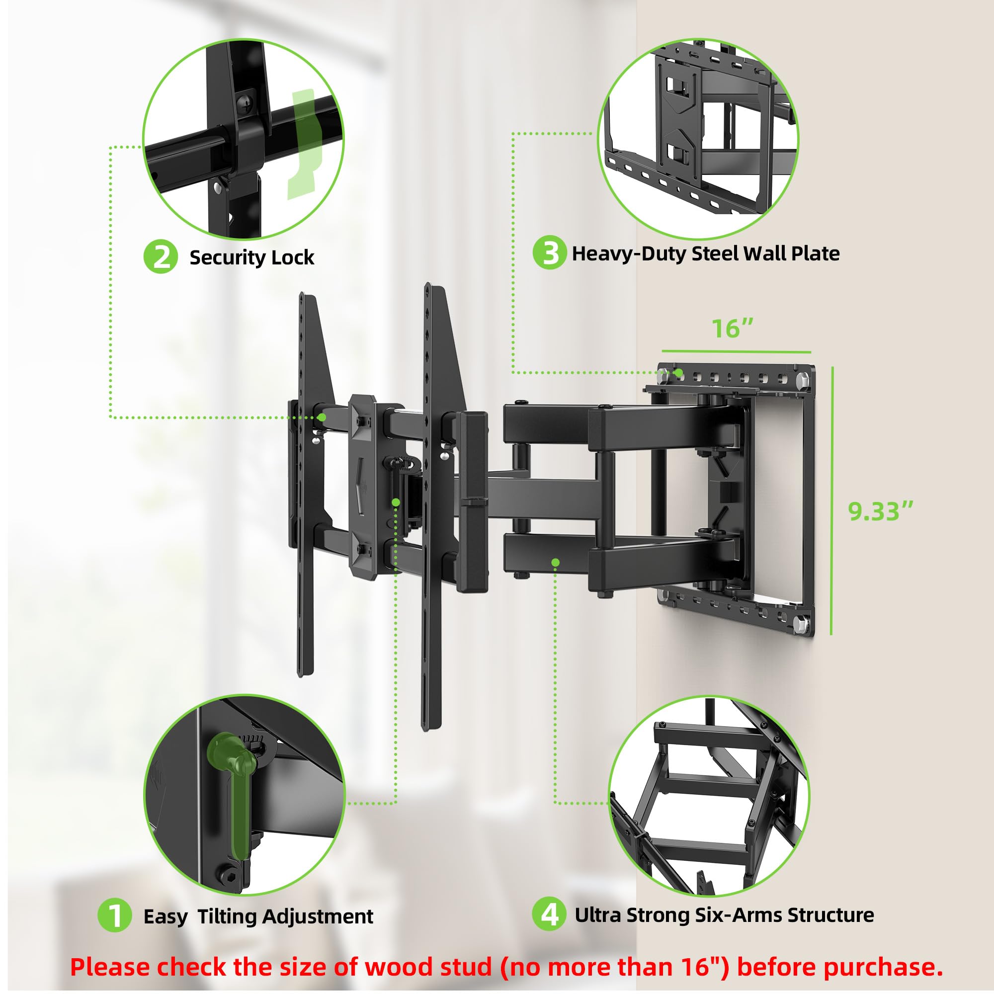 USX Mount Full Motion TV Wall Mount for Most 42-86 inch Flat Screen/LED/4K, TV Mount Bracket Dual Swivel Articulating Tilt 6 Arms, Max 16