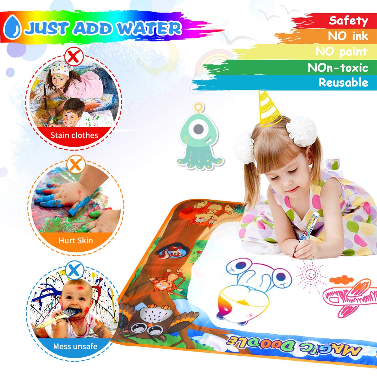 Magic Water Doodle Mat Drawing Mat Multicolor Animal World Theme Toddler Gifts Toys For 2 3 4 Year Old Girls Boys Educational Birthday Gifts Ideal Large Size 39.3 x 27.6 Inch 17pcs Accessories