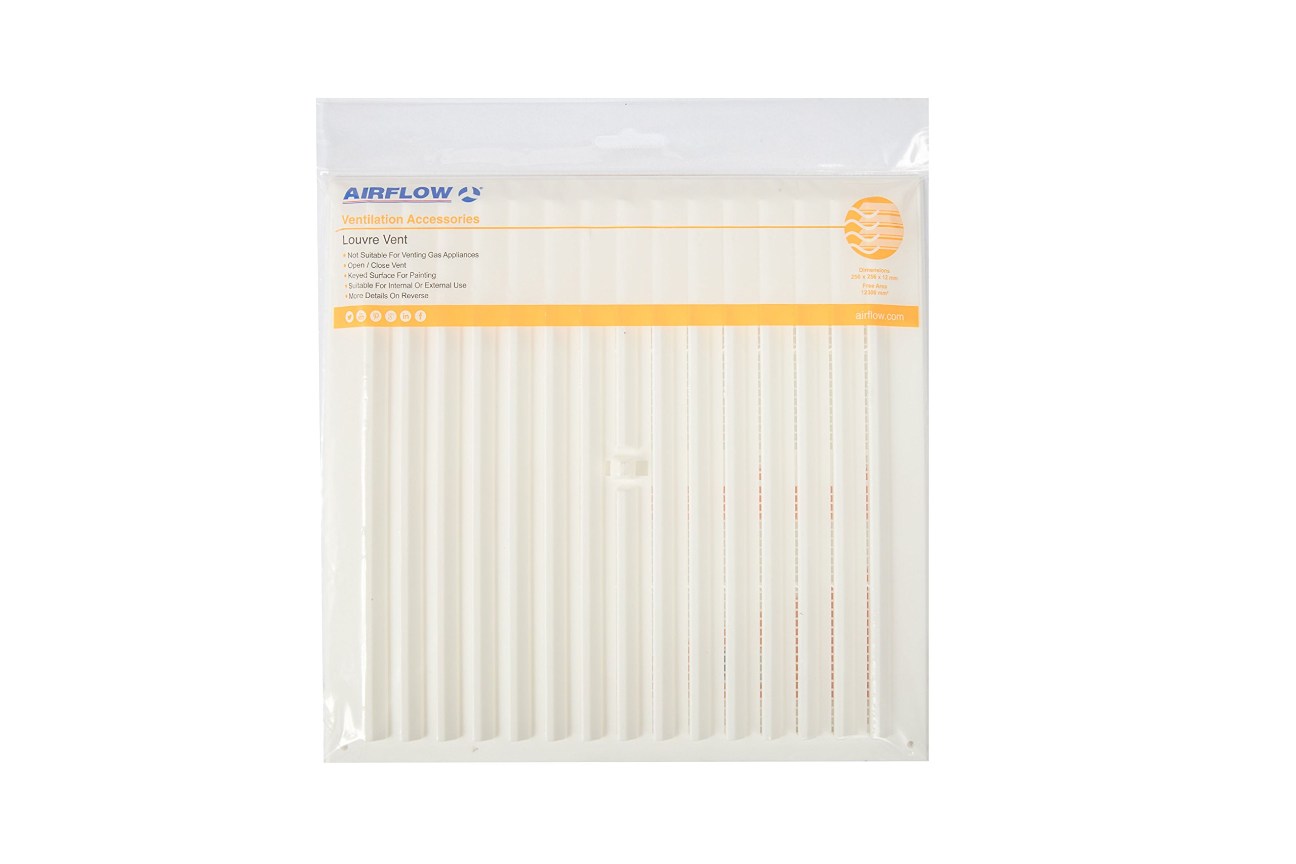 Airflow Louvered Vent Grille – White Plastic Open/Close Air Vent with Integrated Flyscreen – 250mm x 256mm – Ventilation Grille for Registers, Louvre Vent Cover, Extractor Fan & Exterior Wall Use