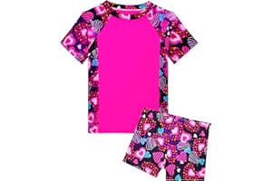 SNOWHEART Girl Swimsuits 2 Pieces Multicolor Short Sleeve Quick Dry Durable Rash Guard Set with Shorts