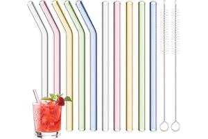 YAKAUEI 10 Pcs Colorful Glass Straws Shatter Resistant, 6” x 8mm Colored Short Glass Drinking Straws with 2 Cleaning Brush, S