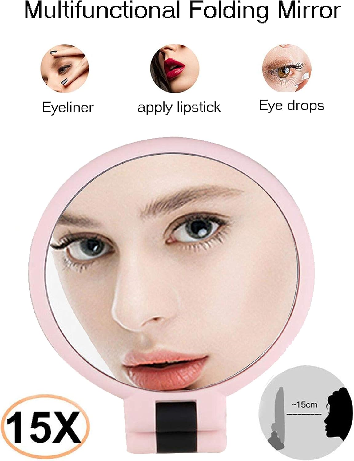 FUHUIM 15x Magnifying Handheld Mirror, Double Sided Pedestal Magnification and True Image Makeup Mirror, Compact Size and Portable Vanity Cosmetic Mirror for Girl, 9.3" L x 1.9" W: Home & Kitchen