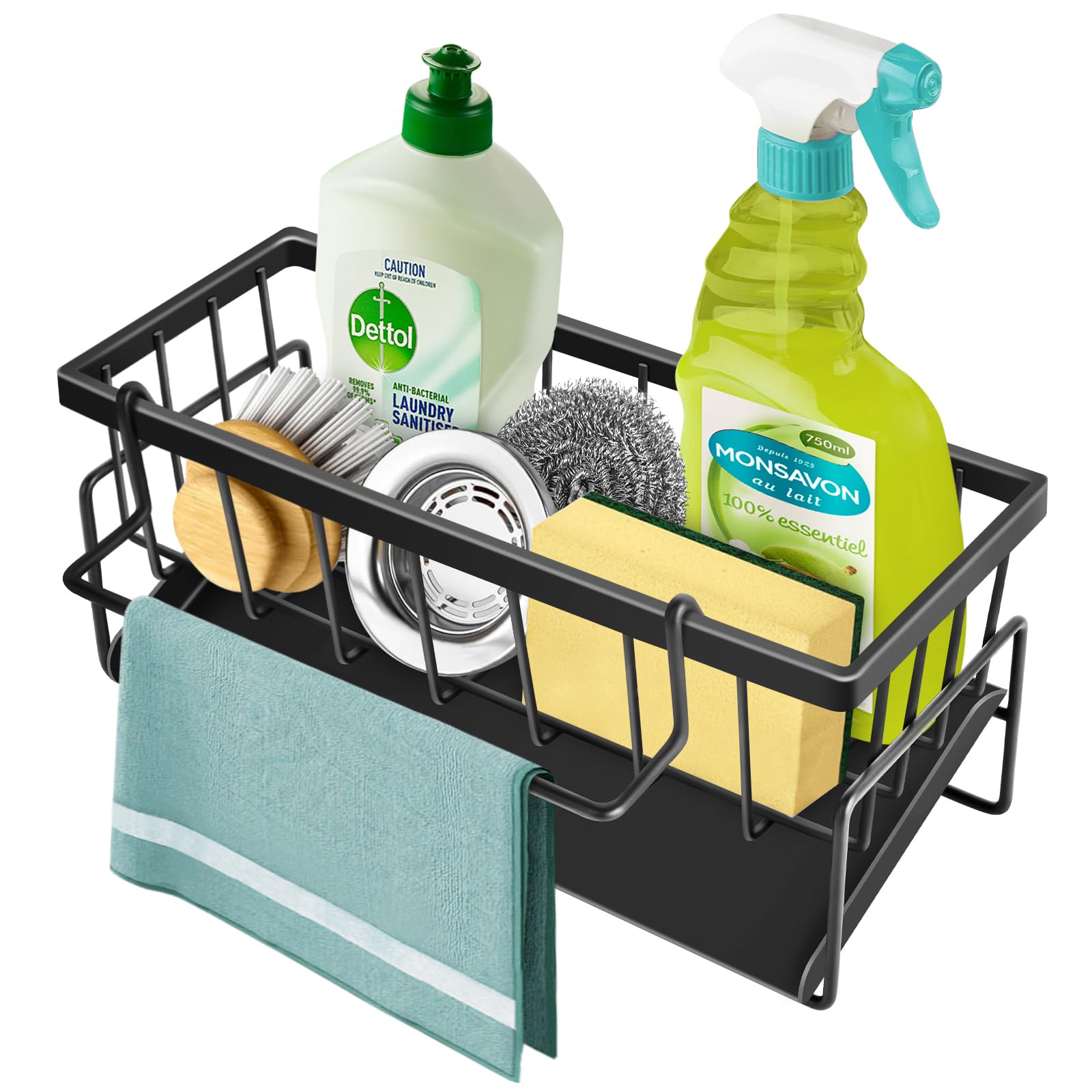 TOKPLNU Sink Caddy Kitchen Sink Organiser, Metal Sponge Holder with Self Drain Tray& Dishcloth Hanger,Washing Up Sinkware Organizer for Bathroom Accessories,Black