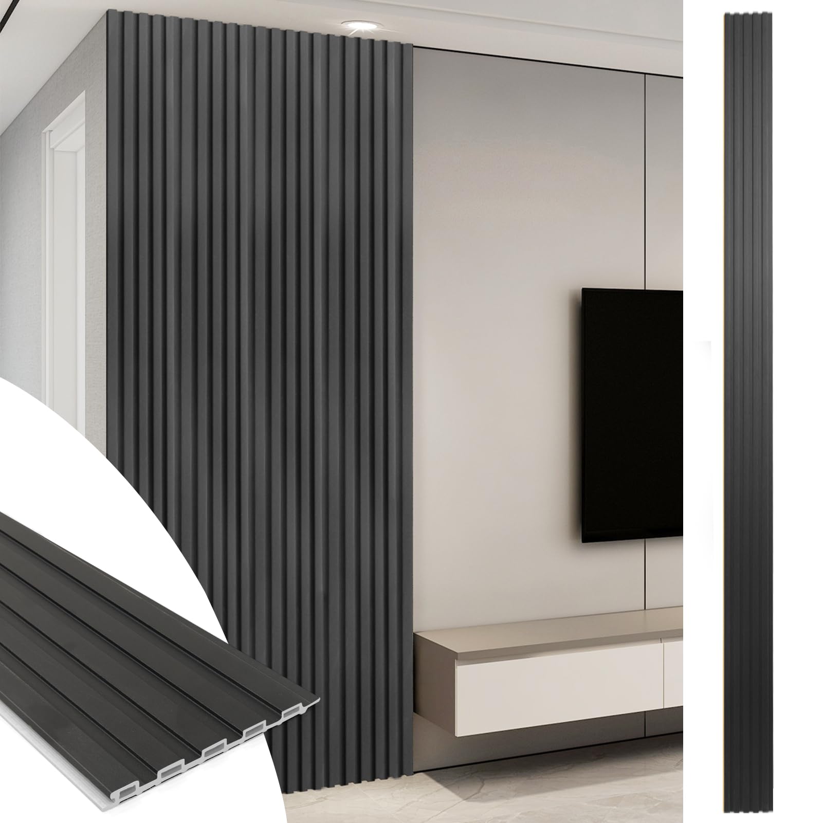 Photo 1 of *Scratched from use* Art3d WPC Slat Wall Panels, 8-Pack 108 x 6 Inch 3D Wall Accents for Interior Wall Decor, Living Room, Bedroom, Black