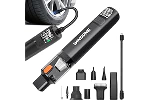Windone Car Vacuum, 12000Pa 2-in-1 Cleaner & Tire Inflator 150PSI, 60W Brushless Motor, Cordless Handheld Vacuum & Air Pump with Pressure Gauge, LED Light, Multi-Nozzles for Car, Home, Office
