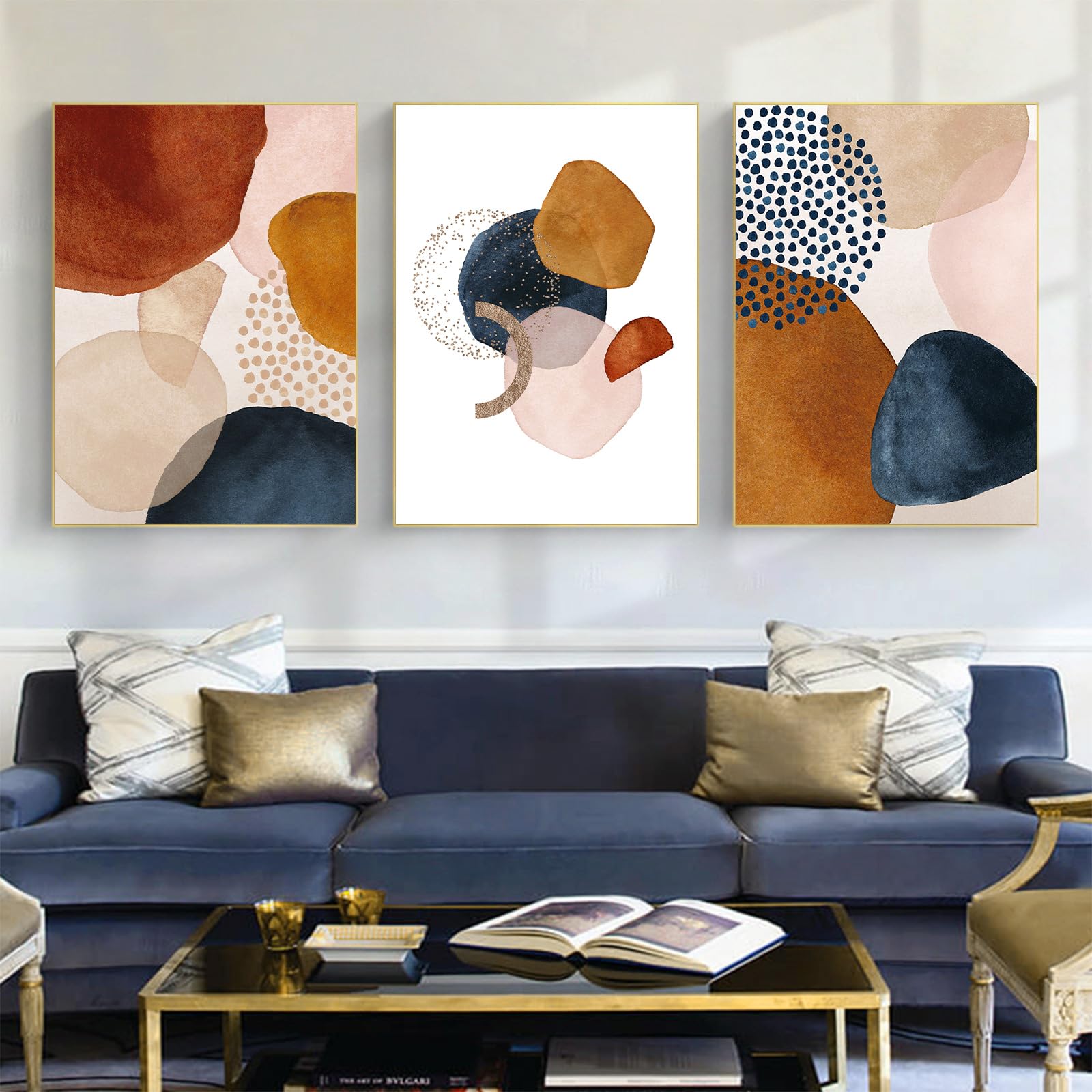 IUNTWEIE Abstract Posters Set of 3 Modern Wall Picture Posters Abstract Geometric Pictures Gold Circular Geometric Canvas Picture Living Room Decoration, Without Frame (F, 60 x 90 cm x 3)
