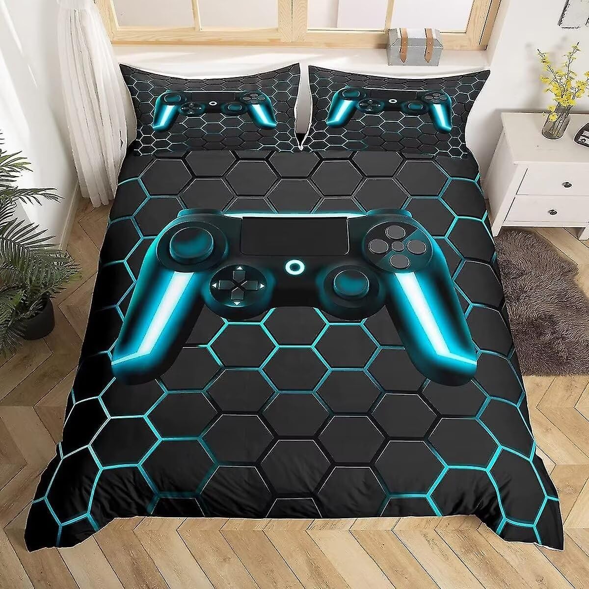 Tabeskly Boy Black Blue Gaming Bedding Duvet Cover Set Single, Kids Gamepad Gamer Soft Zipper Childrens Full Bed 3 Piece Quilt Covers and Pillowcases 200×200cm