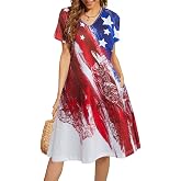 LUKYCILD American Flag Dress Women 4th of July Patriotic Shirt USA Stars Stripes Dresses Sexy V- Neck Summer Sundress