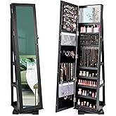 CHARMAID 360° Swivel Jewelry Armoire with Full Length Mirror, Standing Lockable Jewelry Cabinet Organizer, Large Storage Capacity, Inside Makeup Mirror, Back Storage Shelves (Black)