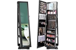CHARMAID 360° Swivel Jewelry Armoire with Full Length Mirror, Standing Lockable Jewelry Cabinet Organizer, Large Storage Capa