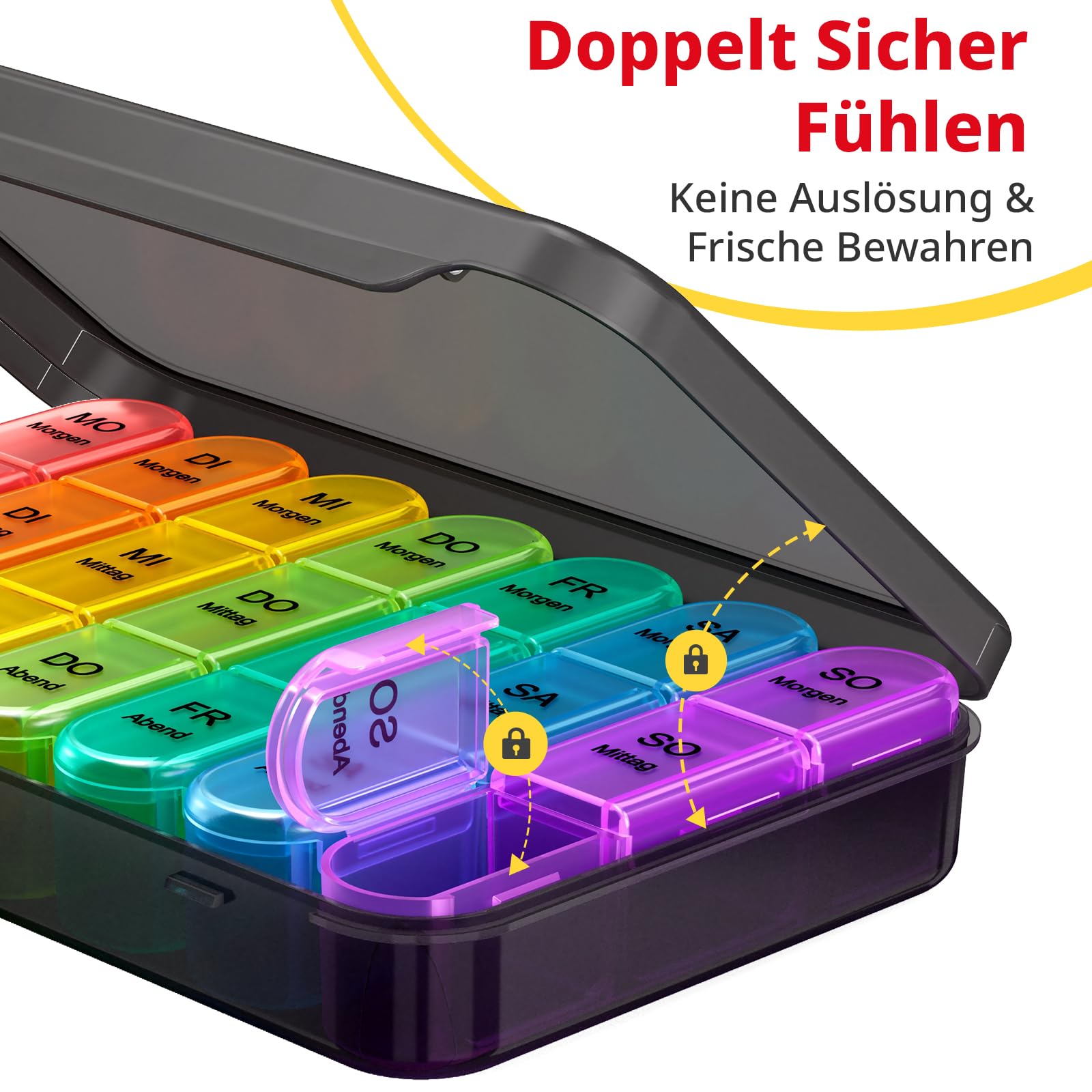 Doruimi Tablettenbox 7 Tage Morgens Mittags Abends, Medikamentenbox 7 Tage 3 fächer, Klein Pillendose Große Fächer - Schwarz 4