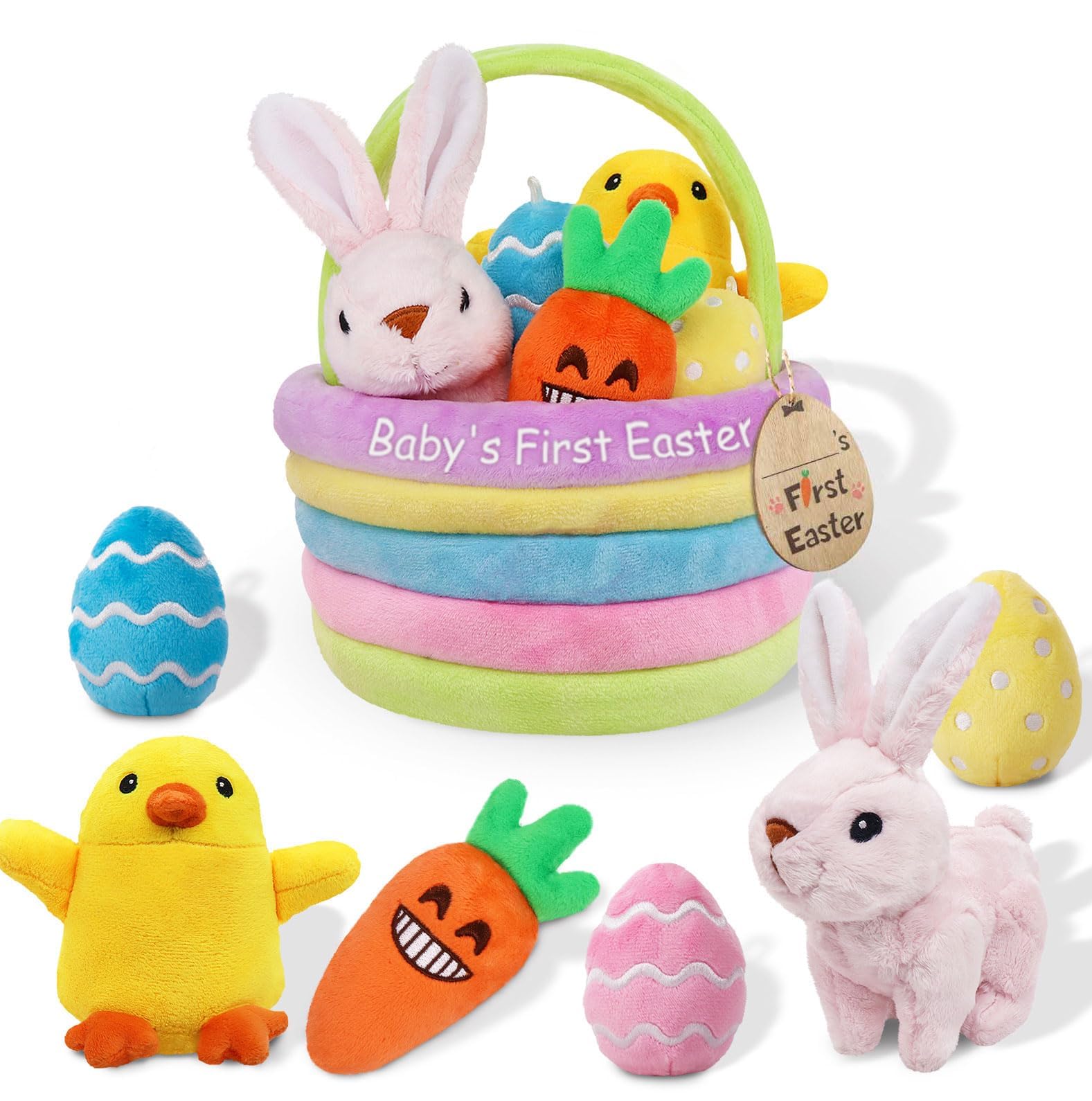 Baby's First Personalized Easter Basket Stuffers Playset, 7ct Stuffed Plush Bunny Chick Carrot Egg for Babies Girls Boys Kids Infant Toddler, Easter Party Gifts, Easter Decorations Party Supplies